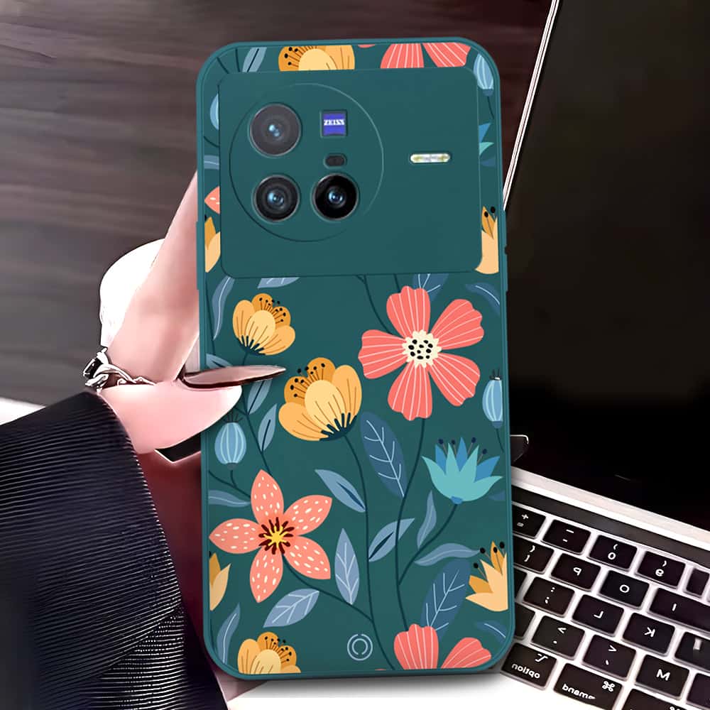 Vivo X80 Cover - Dark Green - D2 - ONation Floral Series - HQ Liquid Silicone Soft Case