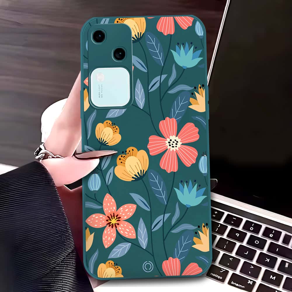 Vivo V30 Cover - Dark Green - D2 - ONation Floral Series - HQ Liquid Silicone Soft Case