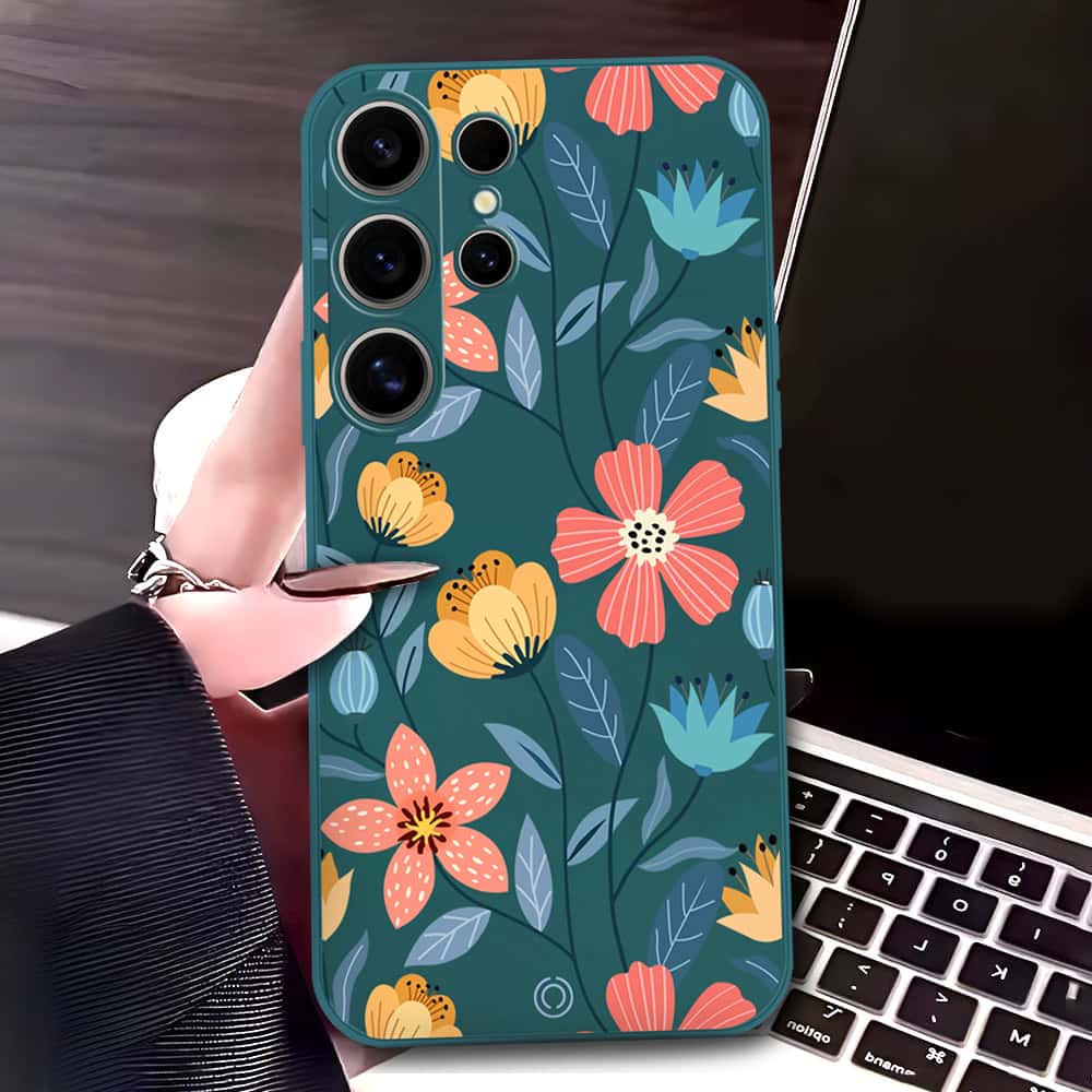 Samsung Galaxy S24 Ultra Cover - Dark Green - D2 - ONation Floral Series - HQ Liquid Silicone Soft Case
