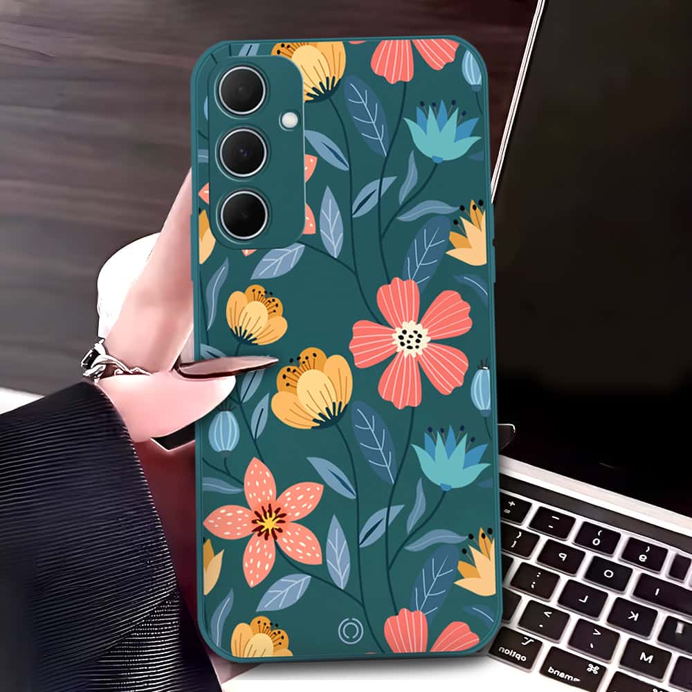 Samsung Galaxy A35 Cover - Dark Green - D2 - ONation Floral Series - HQ Liquid Silicone Soft Case