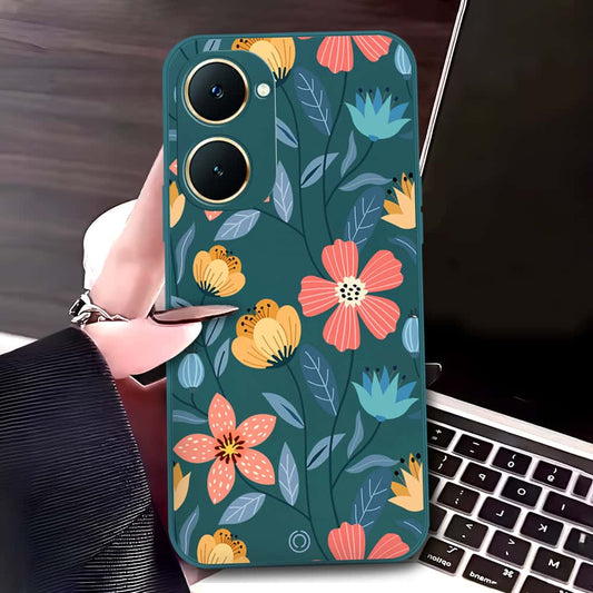 Vivo Y03t Cover - Dark Green - D2 - ONation Floral Series - HQ Liquid Silicone Soft Case