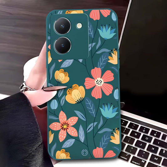 Vivo Y36 5G Cover - Dark Green - D2 - ONation Floral Series - HQ Liquid Silicone Soft Case