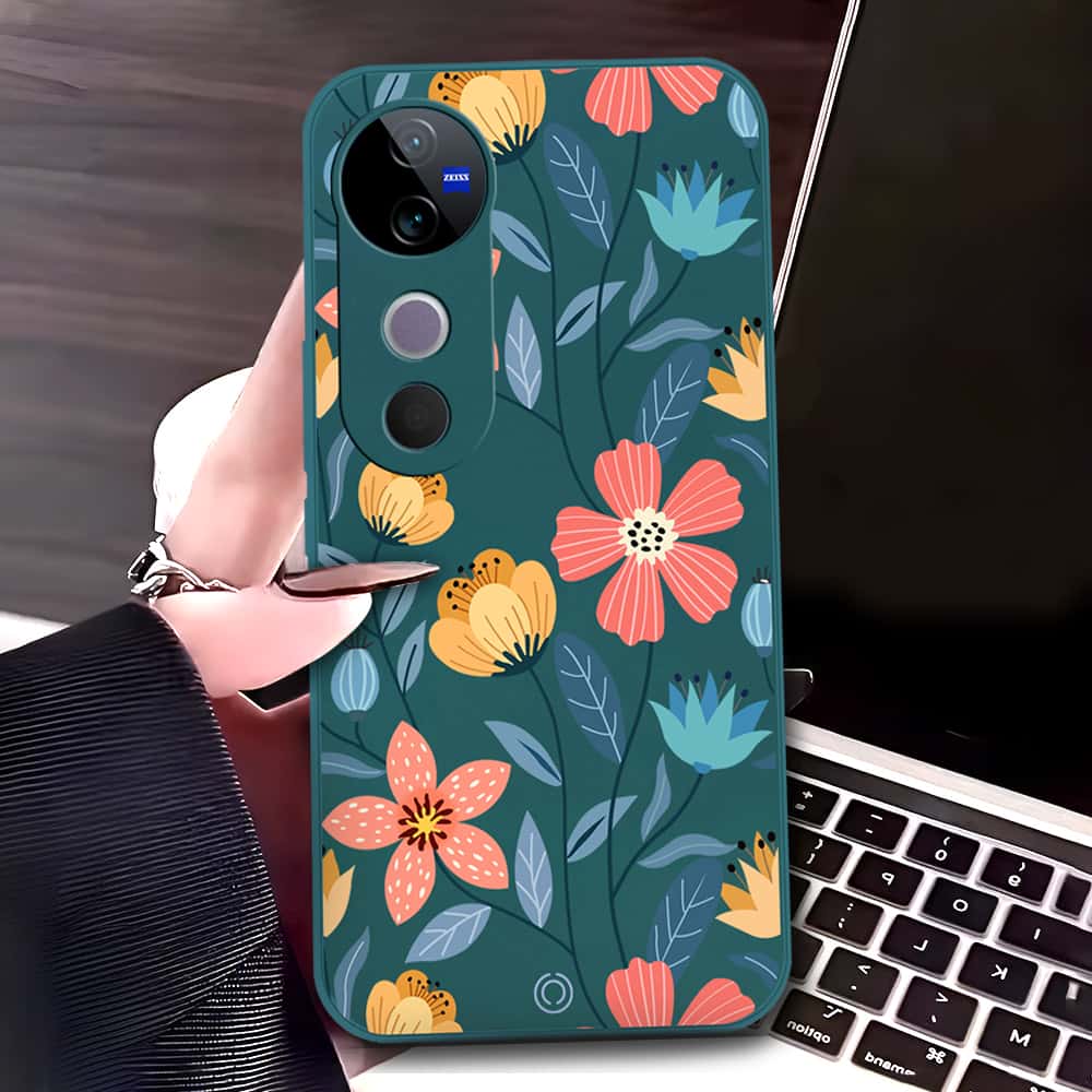 Vivo V40 Cover - Dark Green - D2 - ONation Floral Series - HQ Liquid Silicone Soft Case