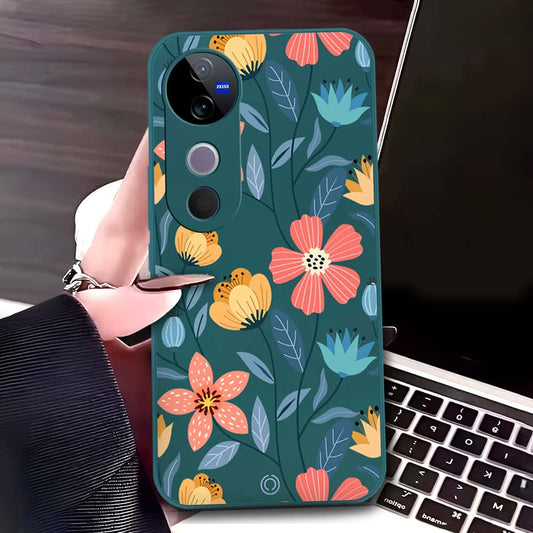 Vivo V40 Cover - Dark Green - D2 - ONation Floral Series - HQ Liquid Silicone Soft Case