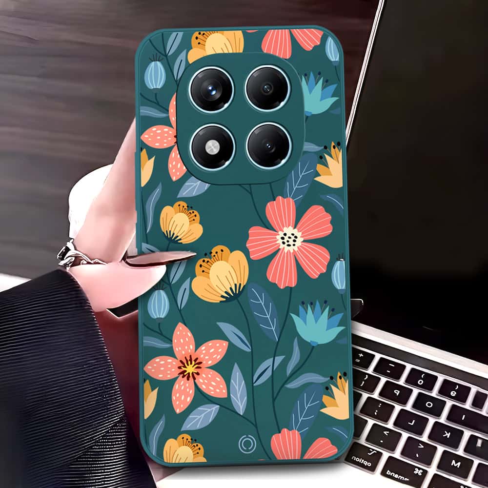 Xiaomi Redmi Note 14 Pro 4G Cover - Dark Green - D2 - ONation Floral Series - HQ Liquid Silicone Soft Case