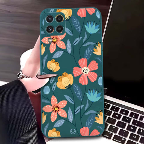 Samsung Galaxy A22 Cover - Dark Green - D2 - ONation Floral Series - HQ Liquid Silicone Soft Case