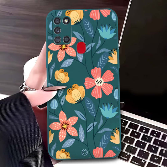 Samsung Galaxy A21s Cover - Dark Green - D2 - ONation Floral Series - HQ Liquid Silicone Soft Case