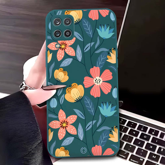 Samsung Galaxy A12 Cover - Dark Green - D2 - ONation Floral Series - HQ Liquid Silicone Soft Case