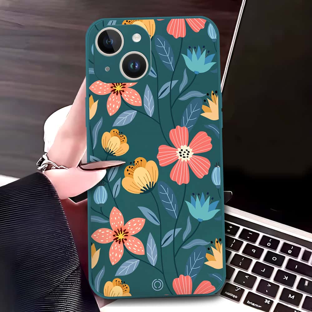 iPhone 14 Cover - Dark Green - D2 - ONation Floral Series - HQ Liquid Silicone Soft Case