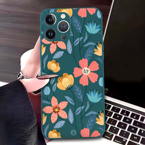 iPhone 13 Pro Max Cover - Dark Green - D2 - ONation Floral Series - HQ Liquid Silicone Soft Case