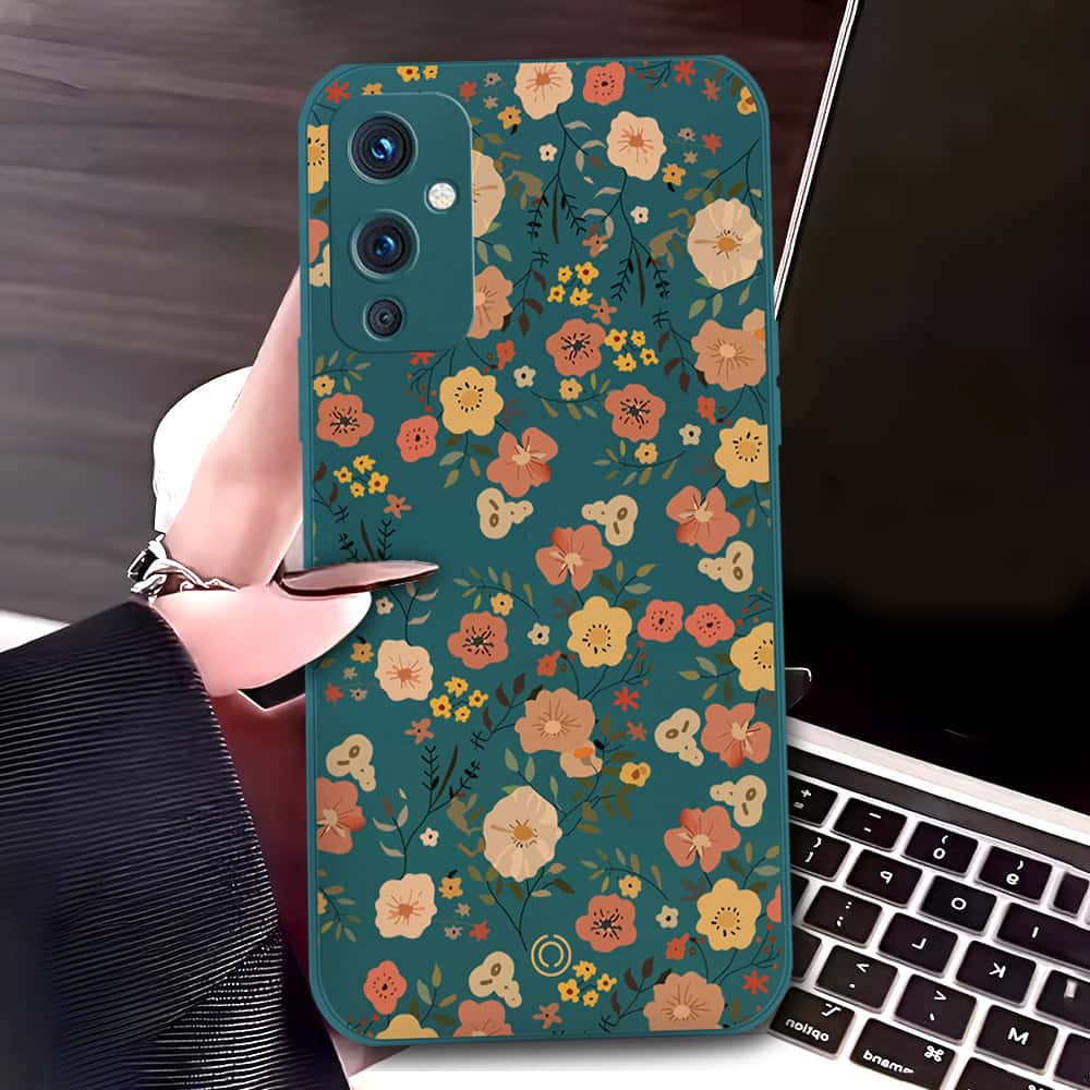 OnePlus 9 Cover - Dark Green - D3 - ONation Floral Series - HQ Liquid Silicone Soft Case