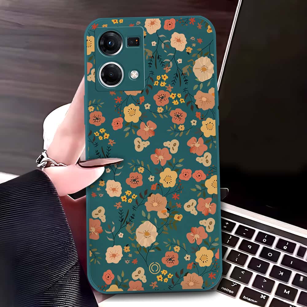 Oppo Reno 7 4G Cover - Dark Green - D3 - ONation Floral Series - HQ Liquid Silicone Soft Case