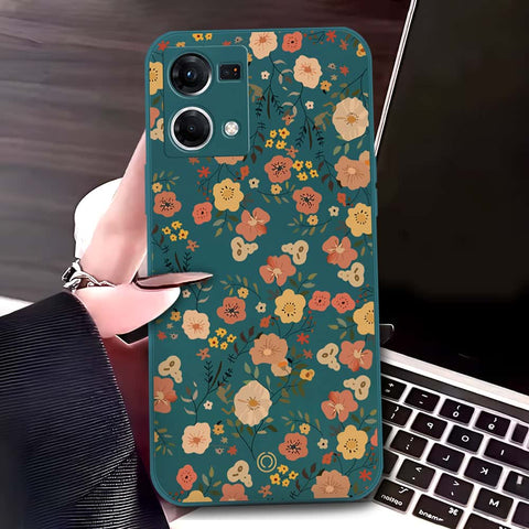 Oppo Reno 7 4G Cover - Dark Green - D3 - ONation Floral Series - HQ Liquid Silicone Soft Case