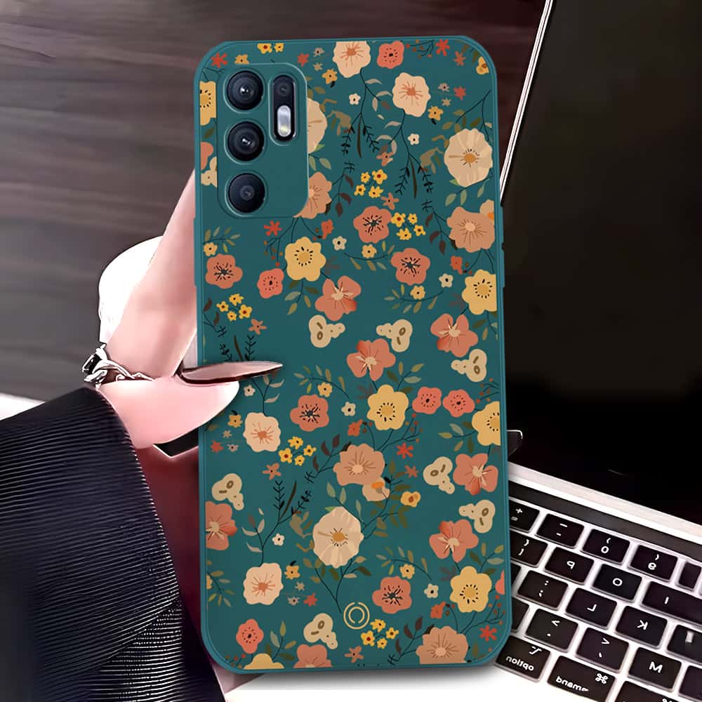 Oppo Reno 6 Cover - Dark Green - D3 - ONation Floral Series - HQ Liquid Silicone Soft Case