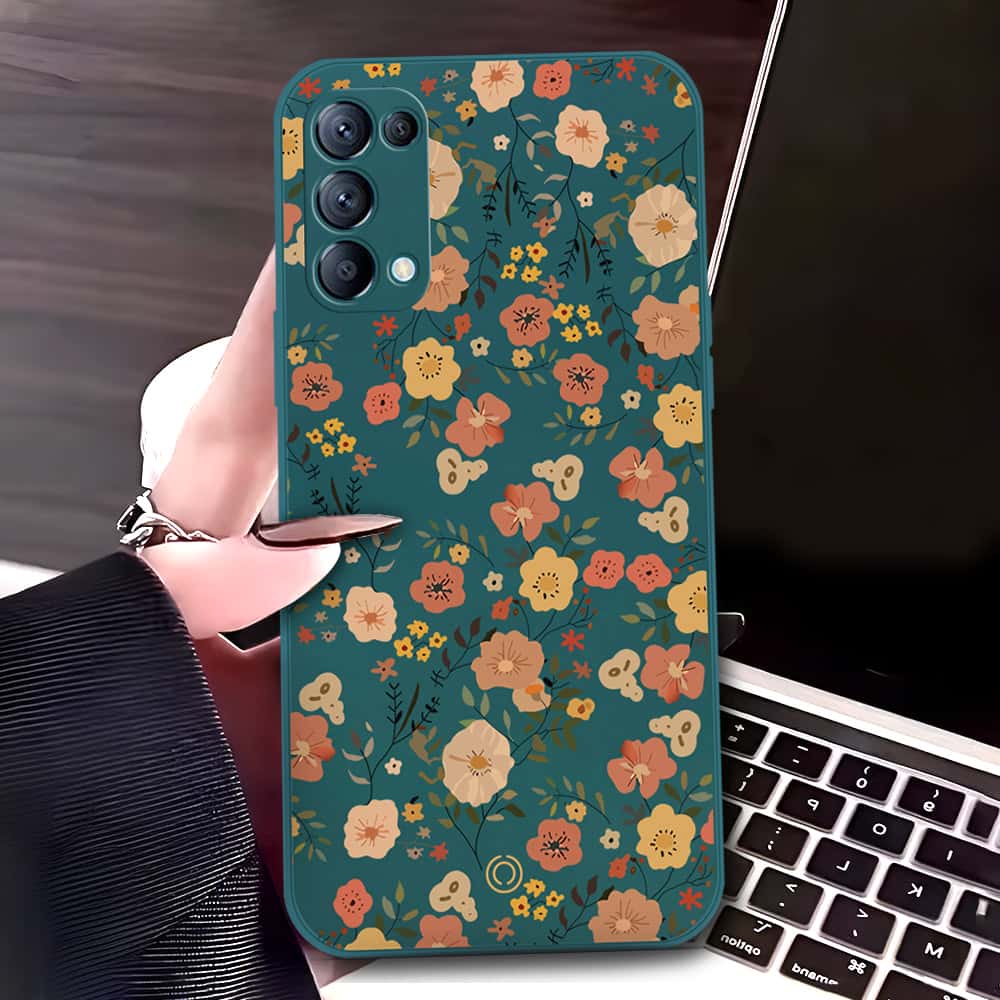 Oppo Reno 5 4G Cover - Dark Green - D3 - ONation Floral Series - HQ Liquid Silicone Soft Case