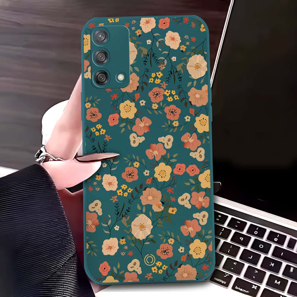 Oppo A95 Cover - Dark Green - D3 - ONation Floral Series - HQ Liquid Silicone Soft Case