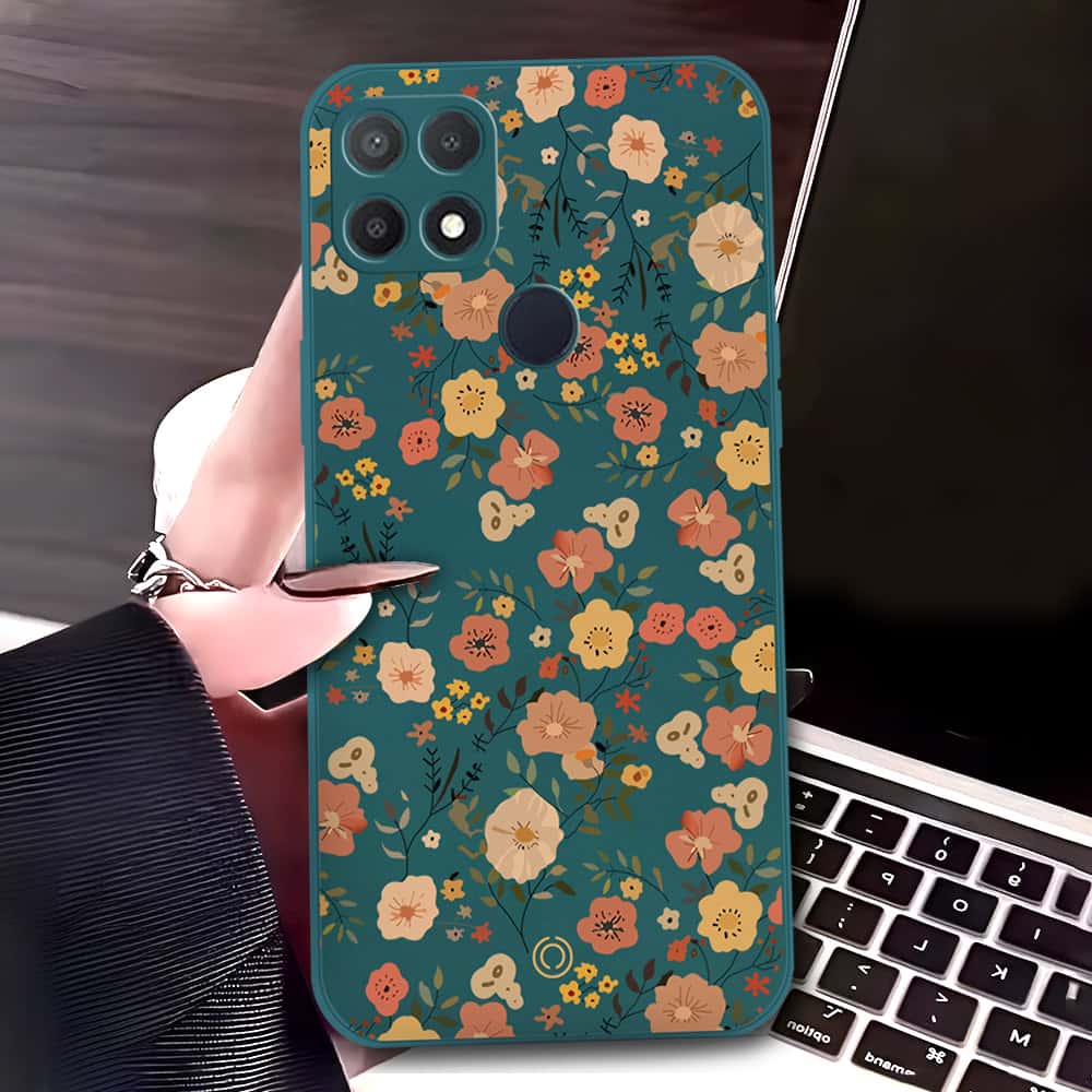 Oppo A15 Cover - Dark Green - D3 - ONation Floral Series - HQ Liquid Silicone Soft Case
