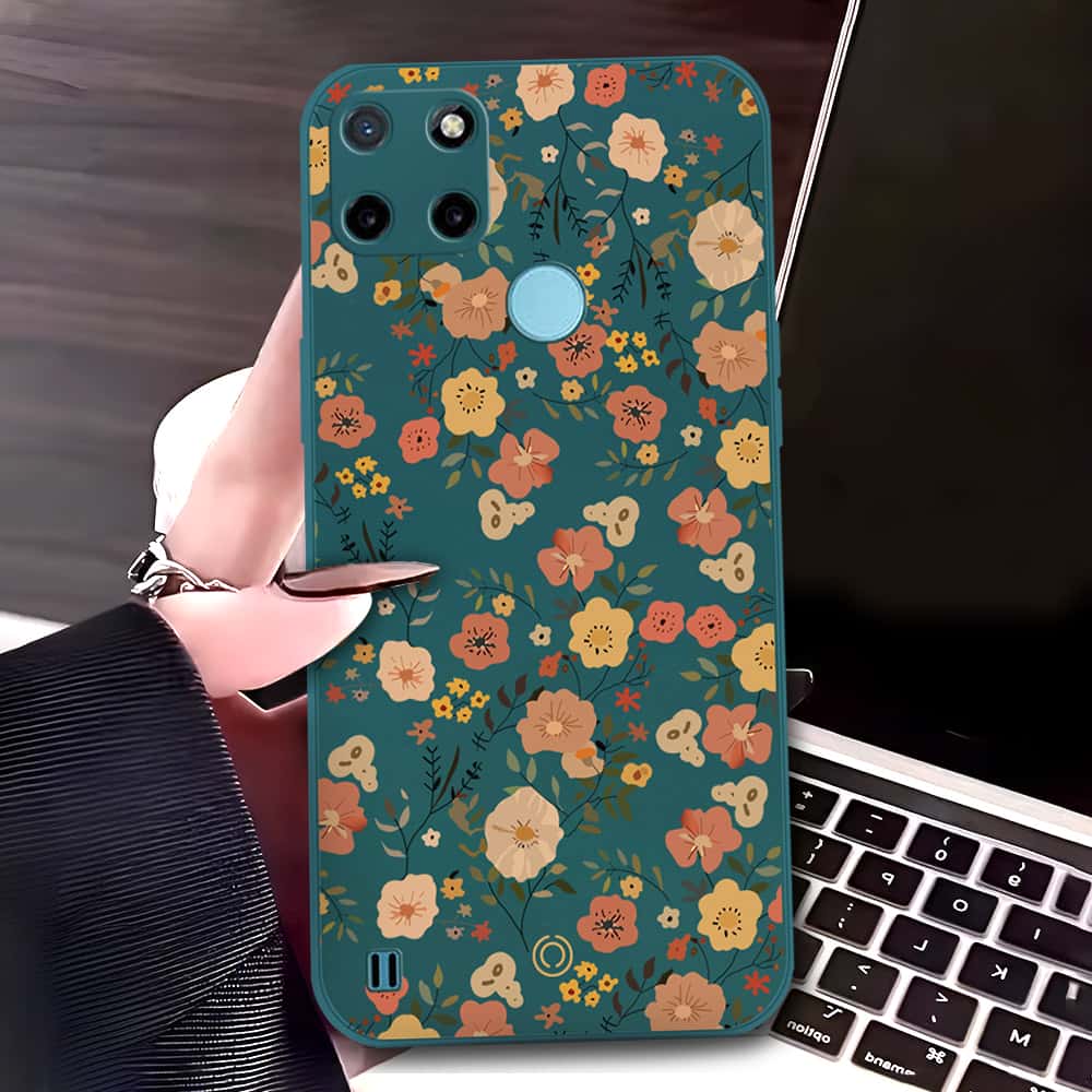 Realme C25Y Cover - Dark Green - D3 - ONation Floral Series - HQ Liquid Silicone Soft Case