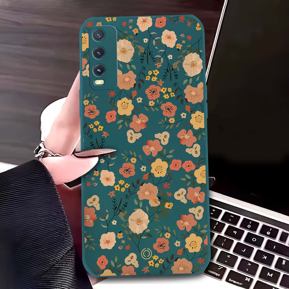 Vivo Y20s Cover - Dark Green - D3 - ONation Floral Series - HQ Liquid Silicone Soft Case
