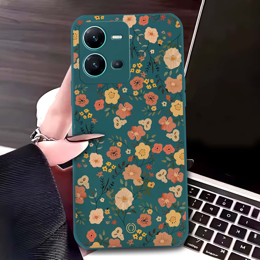 Vivo V25e Cover - Dark Green - D3 - ONation Floral Series - HQ Liquid Silicone Soft Case