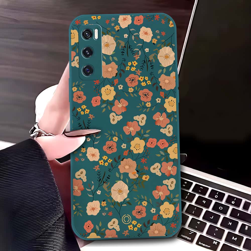 Vivo V20 SE Cover - Dark Green - D3 - ONation Floral Series - HQ Liquid Silicone Soft Case