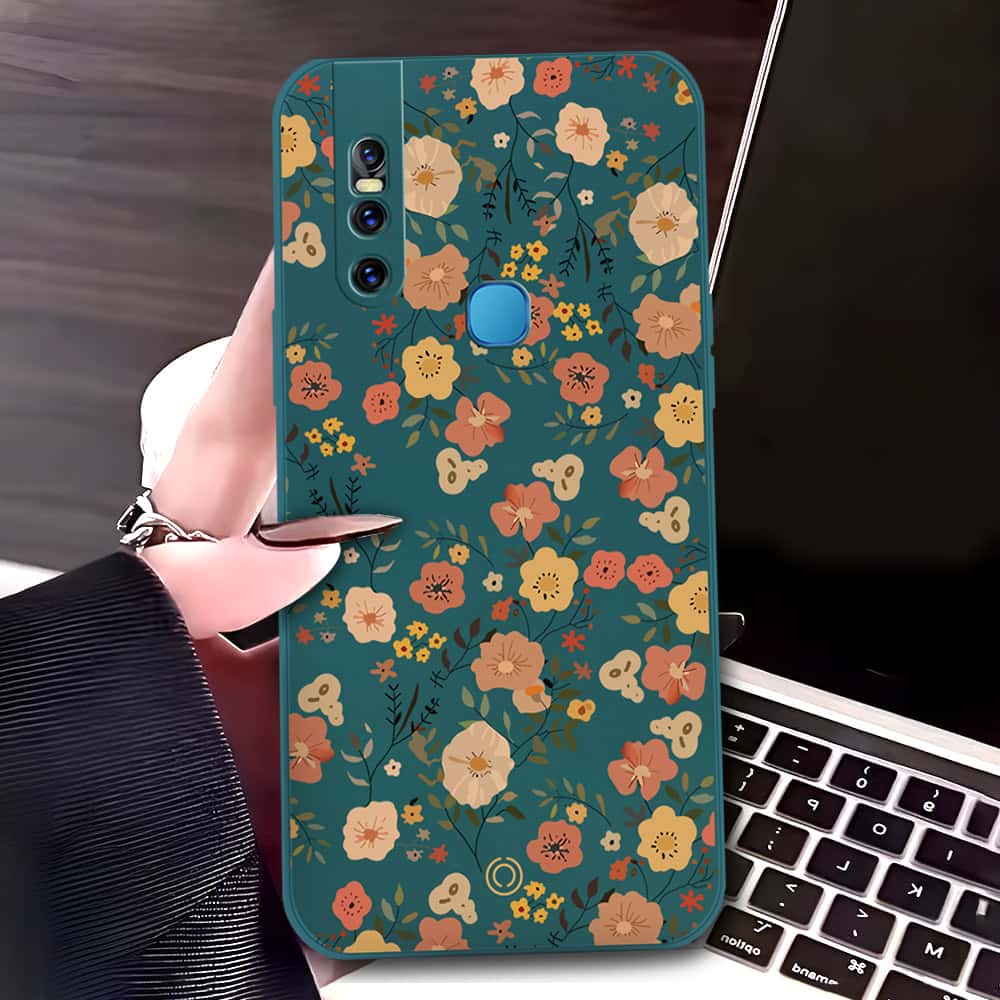 Vivo V15 Cover - Dark Green - D3 - ONation Floral Series - HQ Liquid Silicone Soft Case