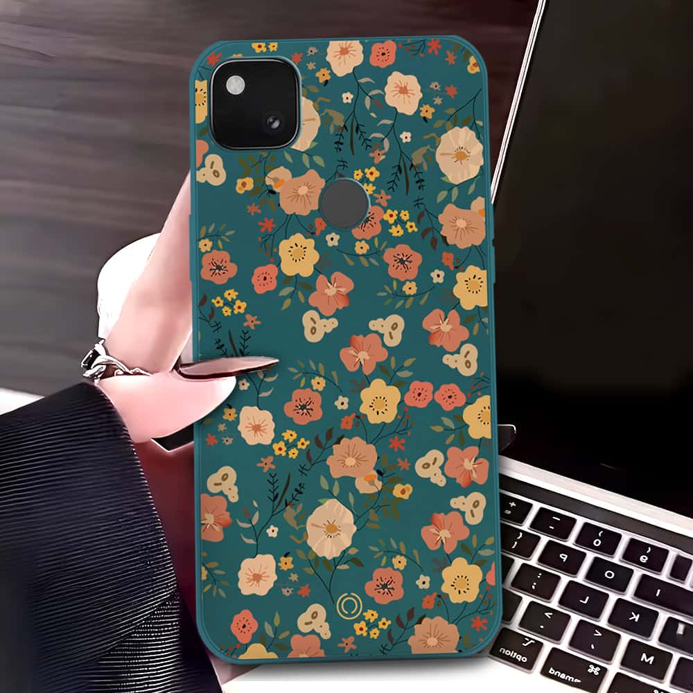 Google Pixel 4a 4G Cover - Dark Green - D3 - ONation Floral Series - HQ Liquid Silicone Soft Case
