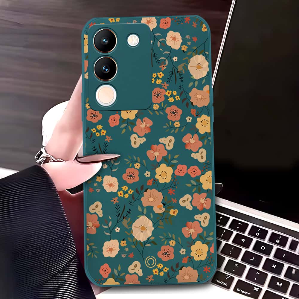 Vivo V29e Cover - Dark Green - D3 - ONation Floral Series - HQ Liquid Silicone Soft Case (Fast Delivery)(M)