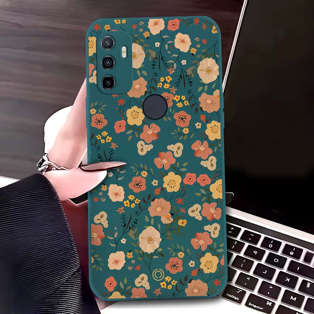 Oppo A32 Cover - Dark Green - D3 - ONation Floral Series - HQ Liquid Silicone Soft Case