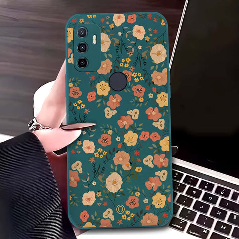 Oppo A32 Cover - Dark Green - D3 - ONation Floral Series - HQ Liquid Silicone Soft Case