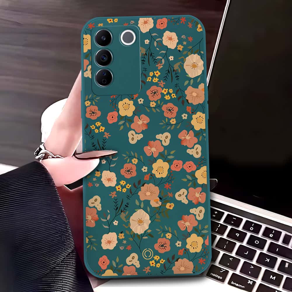 Vivo V27e Cover - Dark Green - D3 - ONation Floral Series - HQ Liquid Silicone Soft Case