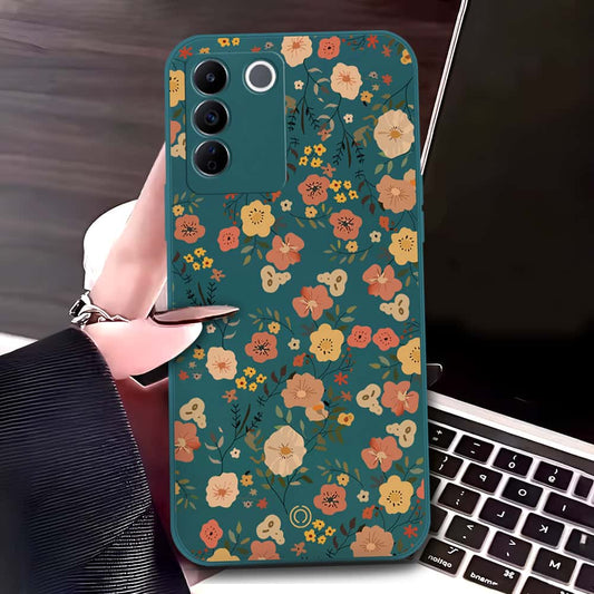 Vivo V27e Cover - Dark Green - D3 - ONation Floral Series - HQ Liquid Silicone Soft Case