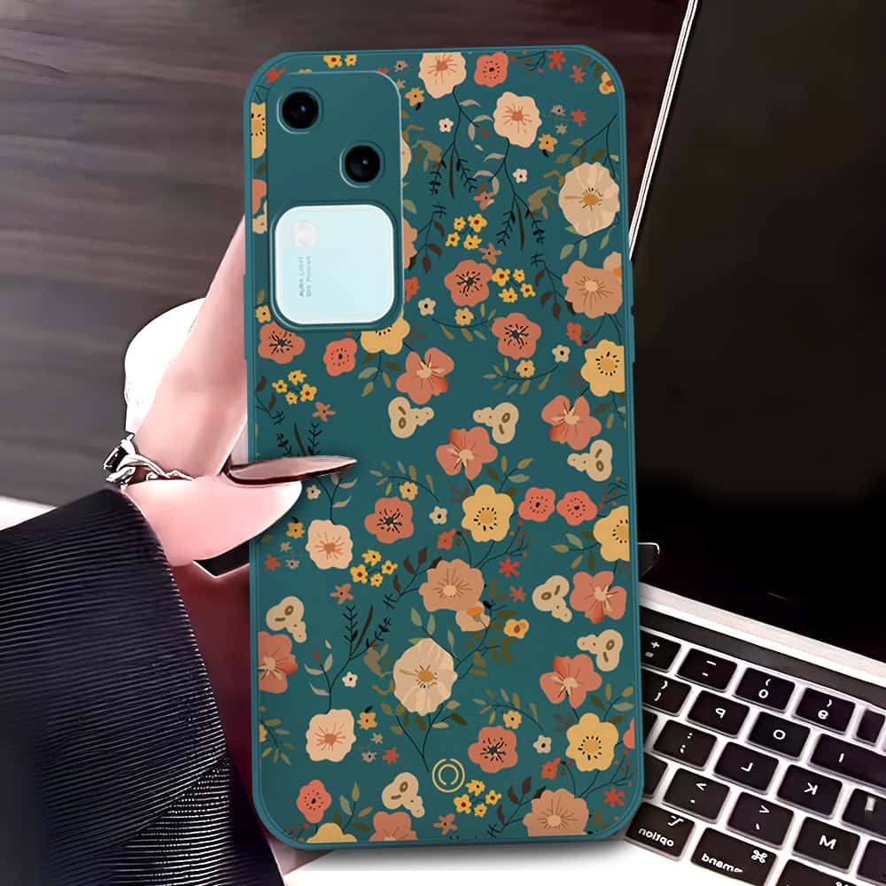 Vivo V30 Cover - Dark Green - D3 - ONation Floral Series - HQ Liquid Silicone Soft Case