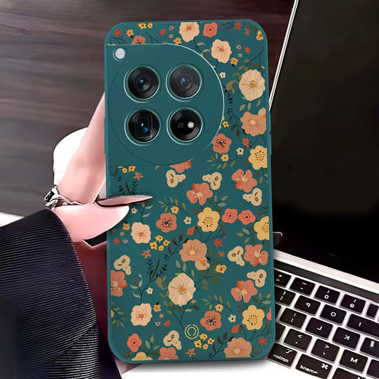 OnePlus 12 Cover - Dark Green - D3 - ONation Floral Series - HQ Liquid Silicone Soft Case