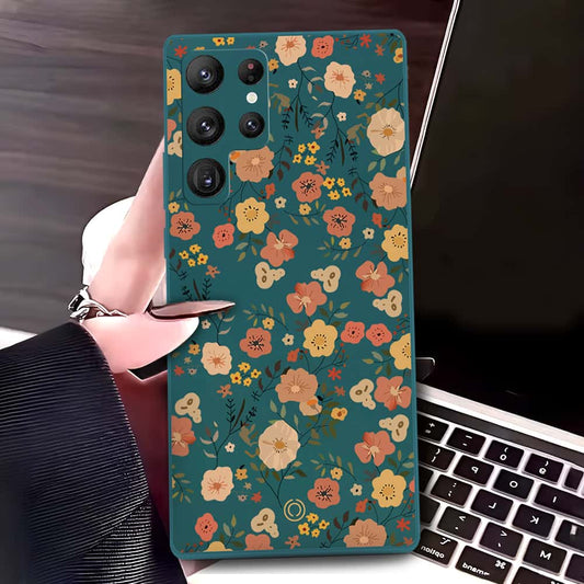 Samsung Galaxy S22 Ultra 5G Cover - Dark Green - D3 - ONation Floral Series - HQ Liquid Silicone Soft Case