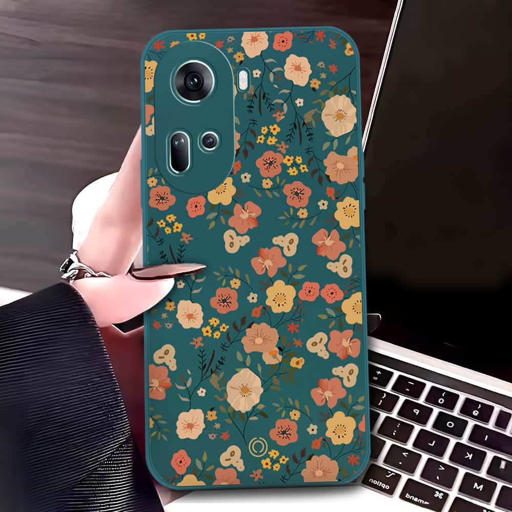 Oppo Reno 11 5G Cover - Dark Green - D3 - ONation Floral Series - HQ Liquid Silicone Soft Case
