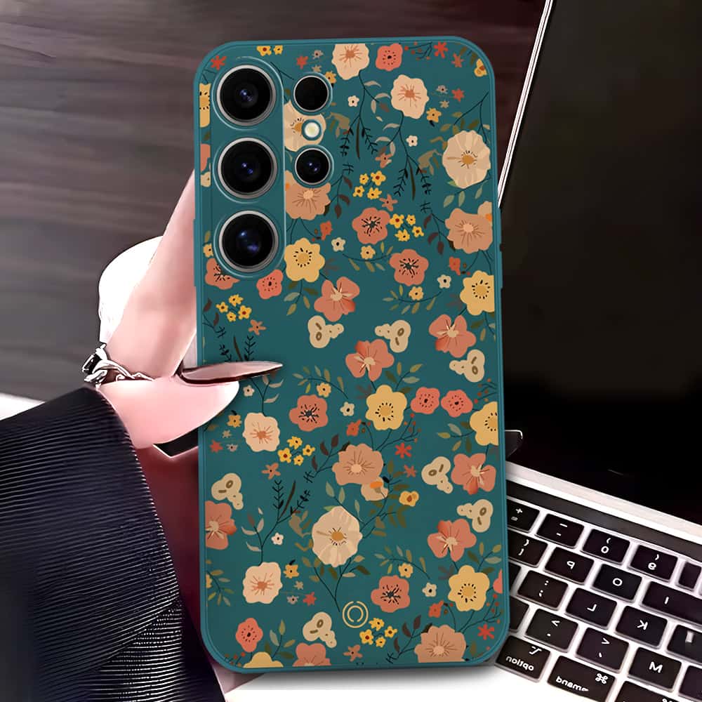 Samsung Galaxy S24 Ultra Cover - Dark Green - D3 - ONation Floral Series - HQ Liquid Silicone Soft Case