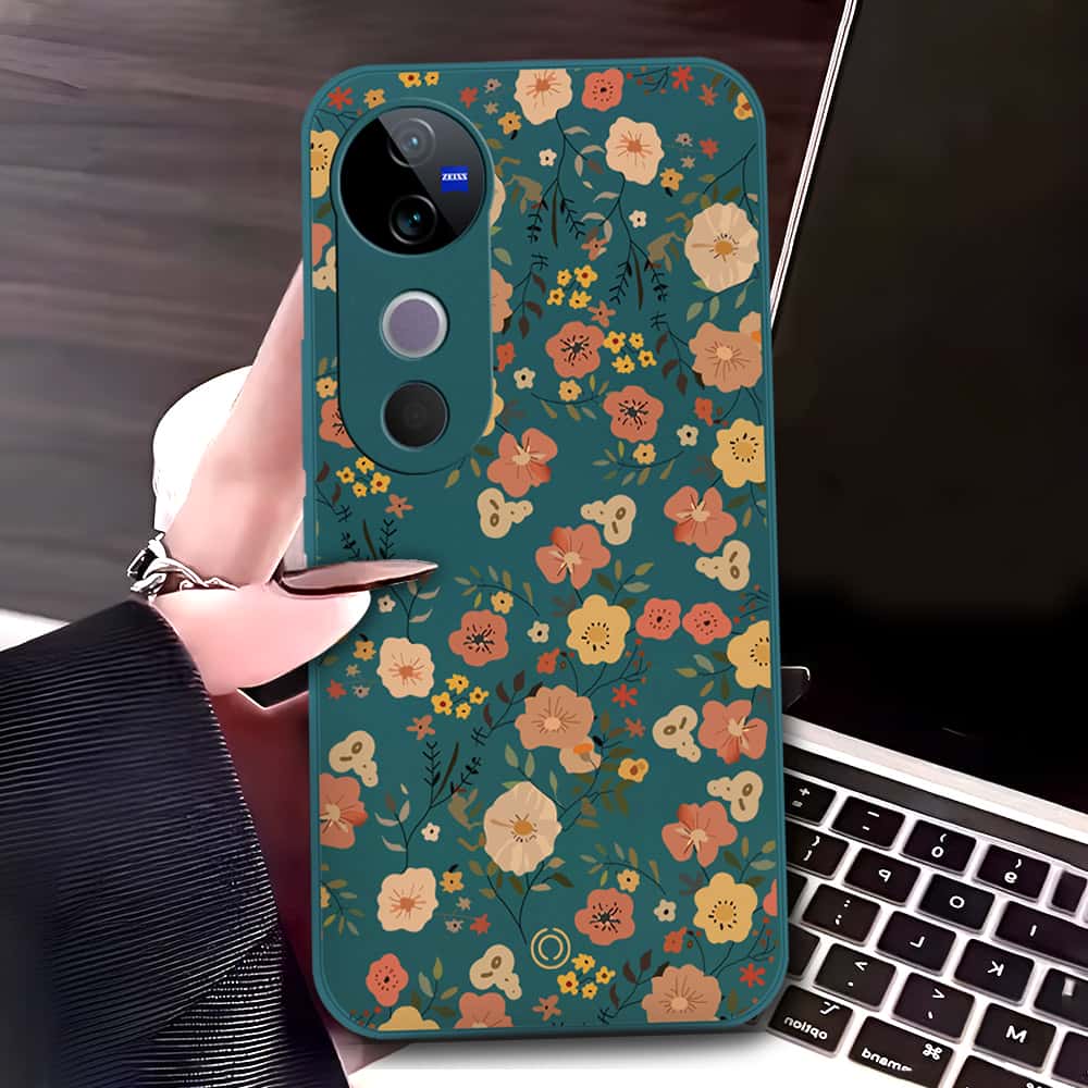 Vivo V40 Cover - Dark Green - D3 - ONation Floral Series - HQ Liquid Silicone Soft Case