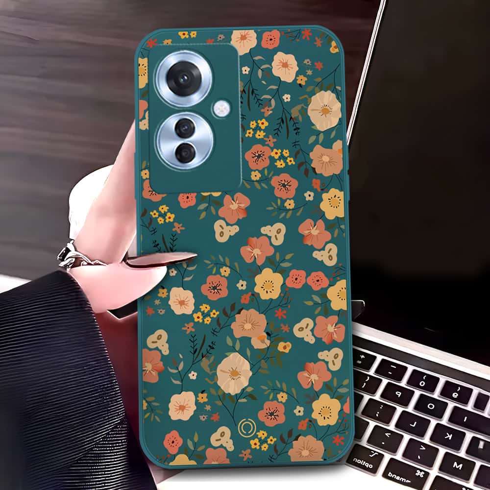 Oppo Reno 11F 5G Cover - Dark Green - D3 - ONation Floral Series - HQ Liquid Silicone Soft Case