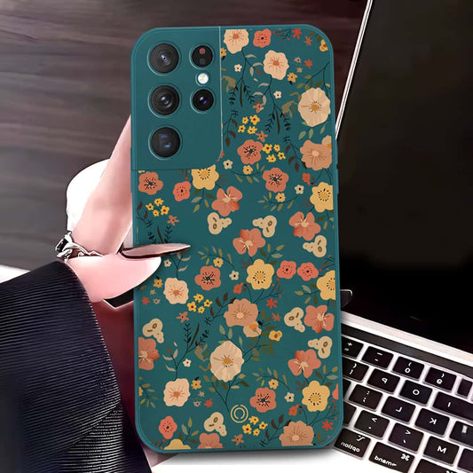 Samsung Galaxy S21 Ultra 5G Cover - Dark Green - D3 - ONation Floral Series - HQ Liquid Silicone Soft Case