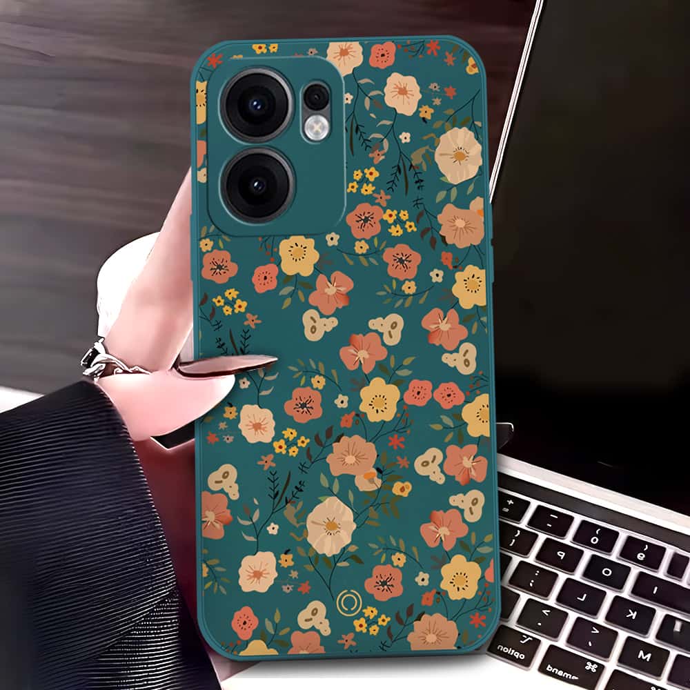 Oppo Reno 13F 5G Cover - Dark Green - D3 - ONation Floral Series - HQ Liquid Silicone Soft Case