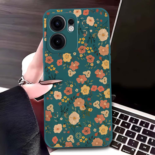 Oppo Reno 13F 5G Cover - Dark Green - D3 - ONation Floral Series - HQ Liquid Silicone Soft Case