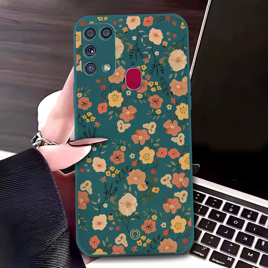 Samsung Galaxy M31 Cover - Dark Green - D3 - ONation Floral Series - HQ Liquid Silicone Soft Case