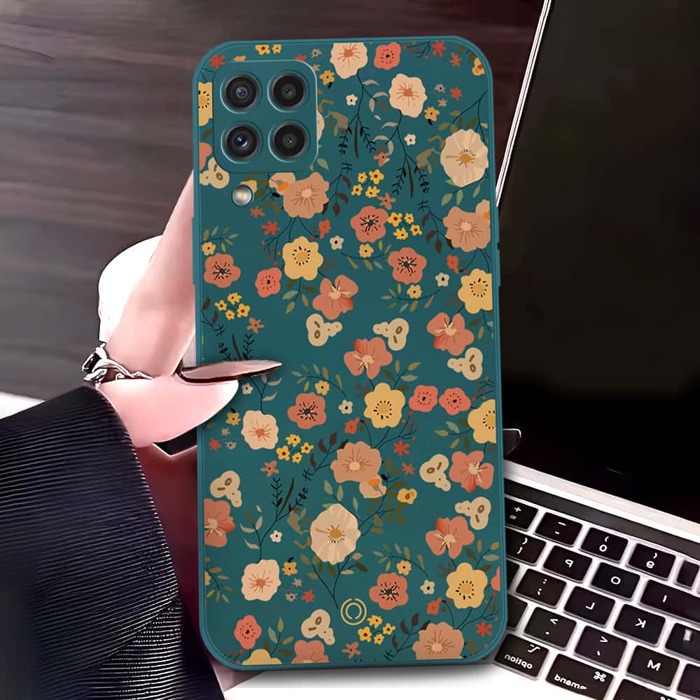 Samsung Galaxy M22 Cover - Dark Green - D3 - ONation Floral Series - HQ Liquid Silicone Soft Case