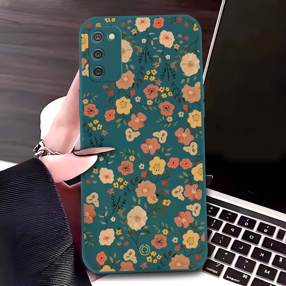 Samsung Galaxy M02s Cover - Dark Green - D3 - ONation Floral Series - HQ Liquid Silicone Soft Case