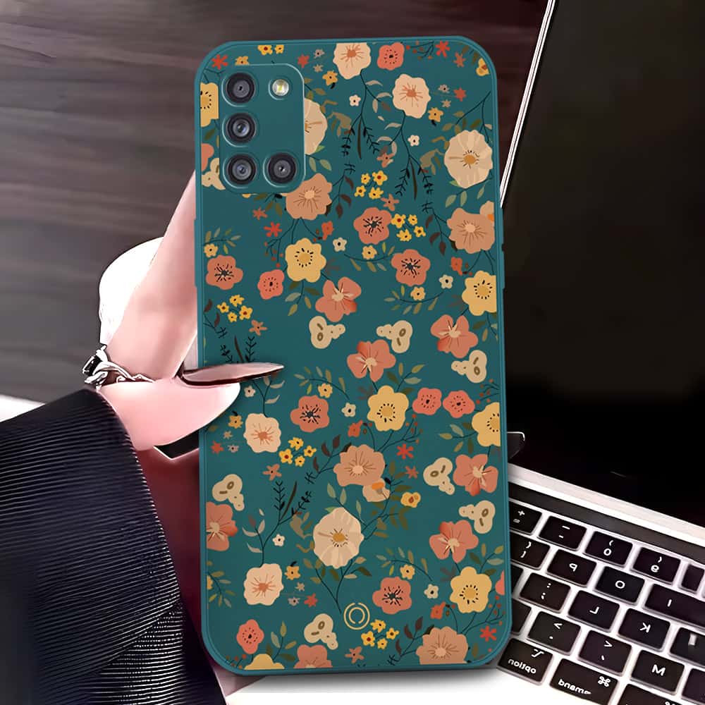 Samsung Galaxy A31 Cover - Dark Green - D3 - ONation Floral Series - HQ Liquid Silicone Soft Case