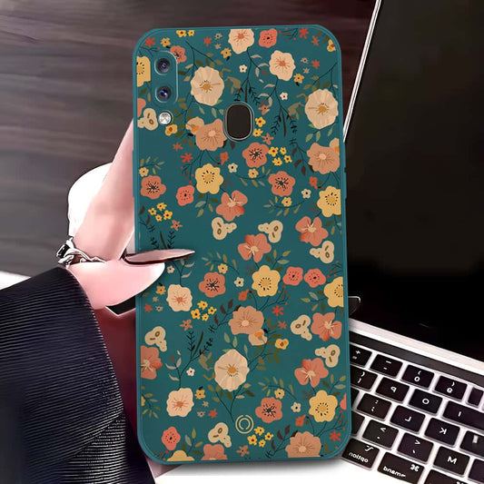 Samsung Galaxy A30 Cover - Dark Green - D3 - ONation Floral Series - HQ Liquid Silicone Soft Case