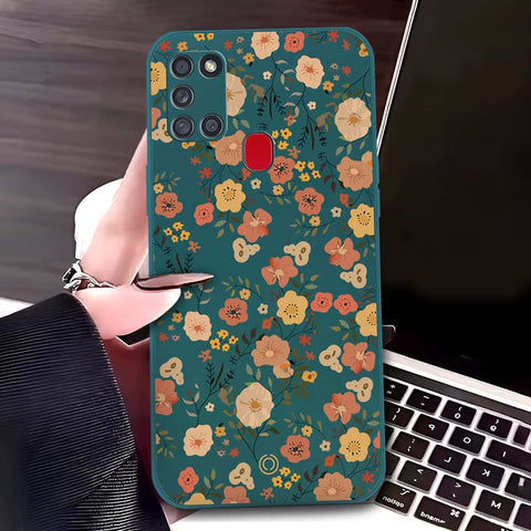 Samsung Galaxy A21s Cover - Dark Green - D3 - ONation Floral Series - HQ Liquid Silicone Soft Case