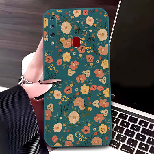 Samsung Galaxy A20s Cover - Dark Green - D3 - ONation Floral Series - HQ Liquid Silicone Soft Case