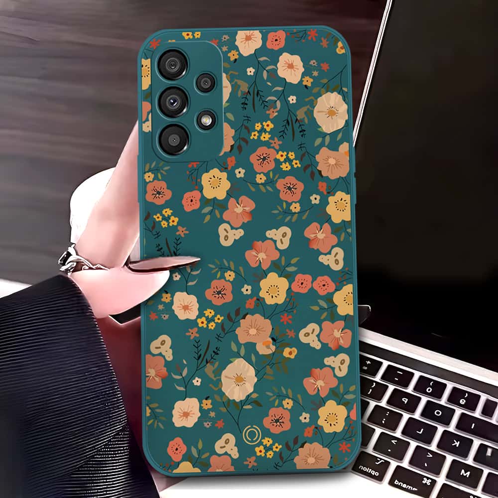 Samsung Galaxy A13 Cover - Dark Green - D3 - ONation Floral Series - HQ Liquid Silicone Soft Case